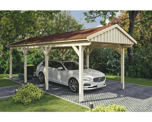 Carport simple SKAN Holz Fichtelberg avec bardeaux rouge 317 x 808 cm naturel