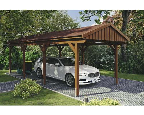 Carport simple SKAN Holz Fichtelberg avec bardeaux rouge 317 x 808 cm noyer