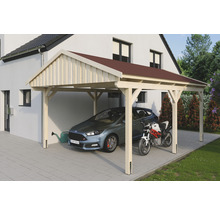 Carport simple SKAN Holz Fichtelberg avec bardeaux rouge 423 x 566 cm naturel