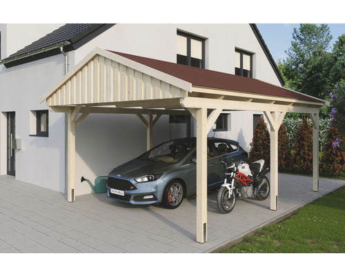 Carport simple SKAN Holz Fichtelberg avec bardeaux rouge 423 x 566 cm naturel