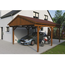 Carport en bois avec voiture et moto