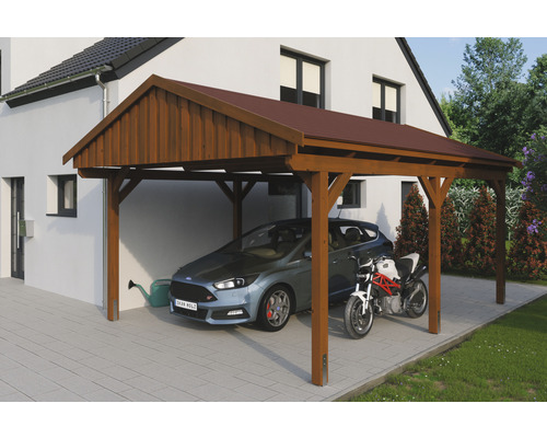 Carport simple SKAN Holz Fichtelberg avec bardeaux rouge 423 x 566 cm noyer