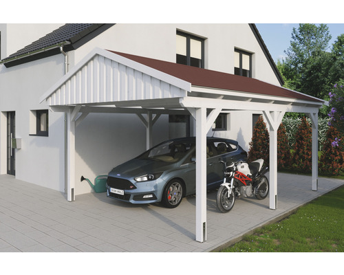 Carport simple SKAN Holz Fichtelberg avec bardeaux rouge 423 x 566 cm blanc