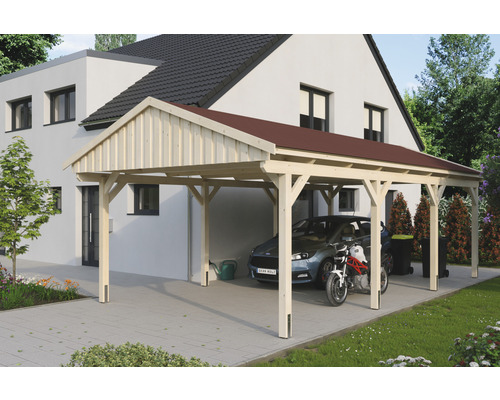 Carport simple SKAN Holz Fichtelberg avec bardeaux rouge 423 x 808 cm naturel