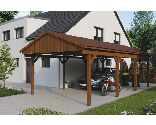 Carport simple SKAN Holz Fichtelberg avec bardeaux rouge 423 x 808 cm noyer