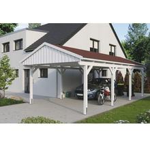 Carport aus Holz mit Auto und Motorrad