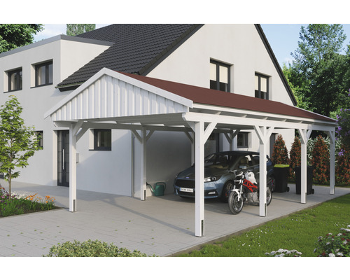 Carport simple SKAN Holz Fichtelberg avec bardeaux rouge 423 x 808 cm blanc