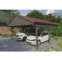 Double carport en bois avec deux voitures garées