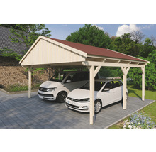 Doppelcarport aus Holz mit zwei geparkten Autos