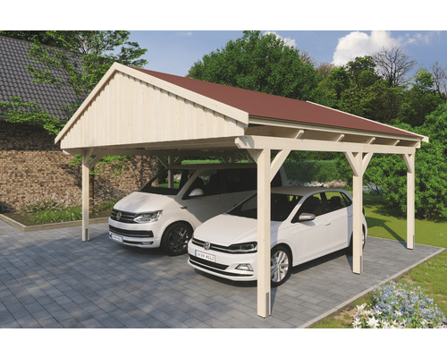 Carport double SKAN Holz Fichtelberg avec bardeaux rouge 618 x 566 cm naturel