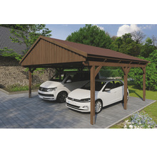 Doppelcarport aus Holz mit zwei geparkten Autos