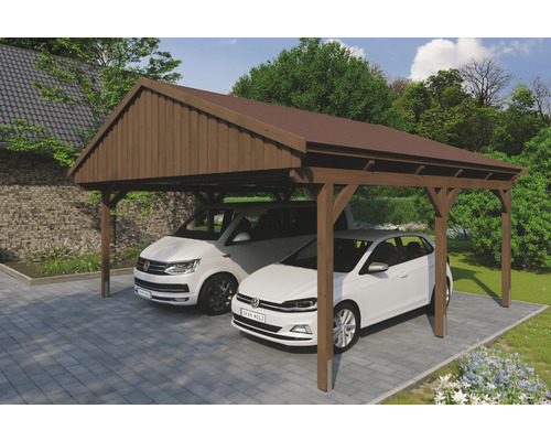 Doppelcarport SKAN Holz Fichtelberg inkl. Dachschindeln rot 618 x 566 cm Nussbaum