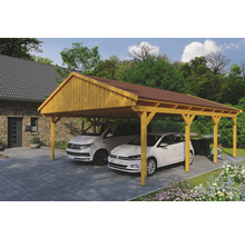 Doppelcarport aus Holz mit zwei parkenden Autos