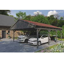 Doppelcarport aus Holz mit zwei geparkten Autos