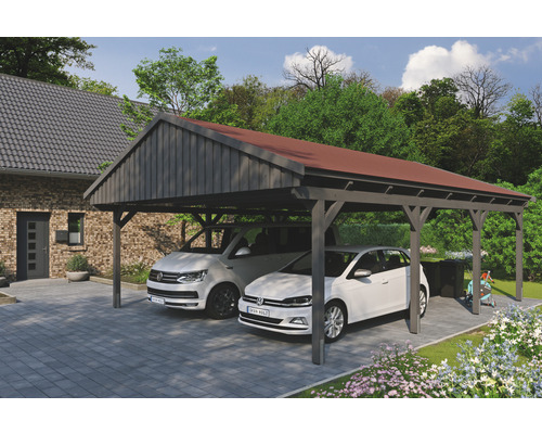 Carport double SKAN Holz Fichtelberg avec bardeaux rouge 618 x 808 cm ardoise