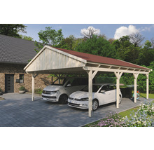 Doppelcarport aus Holz mit zwei parkenden Autos