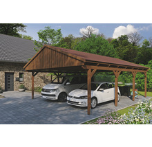 Doppelcarport aus Holz mit zwei geparkten Autos