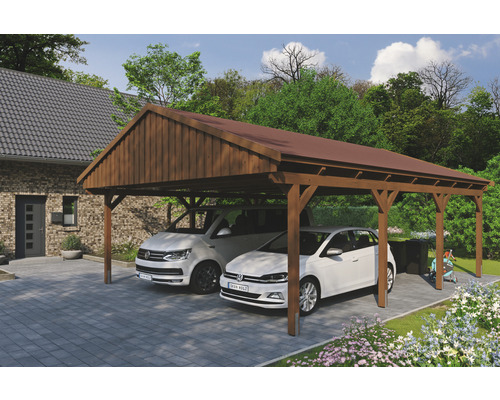 Doppelcarport SKAN Holz Fichtelberg inkl. Dachschindeln rot 618 x 808 cm Nussbaum