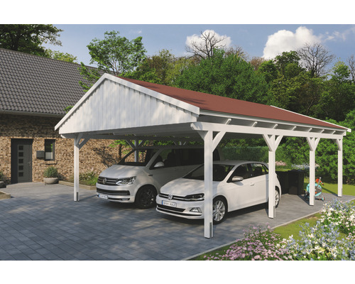 Carport double SKAN Holz Fichtelberg avec bardeaux rouge 618 x 808 cm blanc