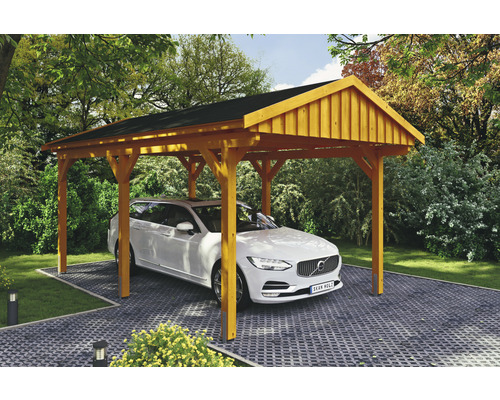 Carport simple SKAN Holz Fichtelberg avec bardeaux noir 317 x 566 cm chêne clair