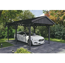 Carport indépendant en bois avec voiture sur une surface pavée