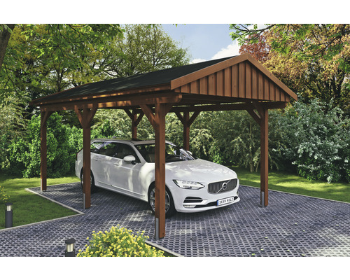 Einzelcarport SKAN Holz Fichtelberg inkl. Dachschindeln schwarz 317 x 566 cm Nussbaum