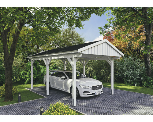 Carport simple SKAN Holz Fichtelberg avec bardeaux noir 317 x 566 cm blanc