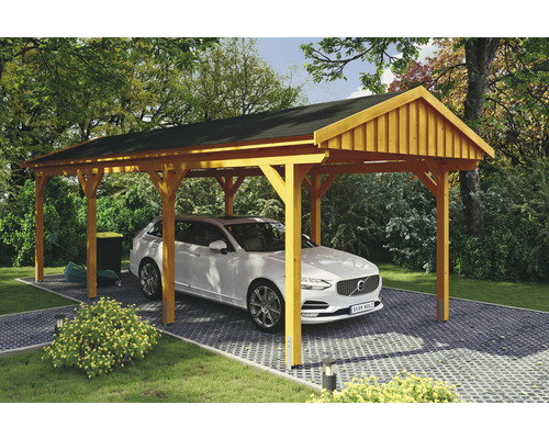 Carport simple SKAN Holz Fichtelberg avec bardeaux noir 317 x 808 cm chêne clair