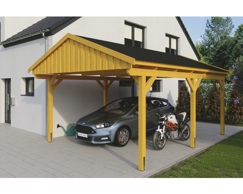 Carport simple SKAN Holz Fichtelberg avec bardeaux noir 423 x 566 cm chêne clair Carport simple SKAN Holz Fichtelberg avec bardeaux noir 423 x 566 cm chêne clair