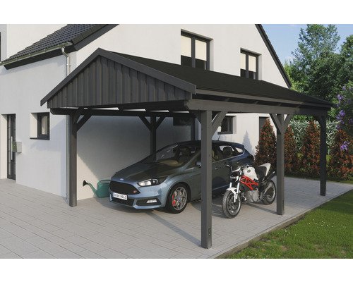 Einzelcarport SKAN Holz Fichtelberg inkl. Dachschindeln schwarz 423 x 566 cm Schiefer