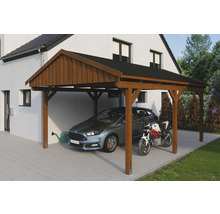 Abri de voiture en bois avec voiture et moto