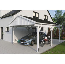 Modernes Carport aus Holz mit Auto und Motorrad