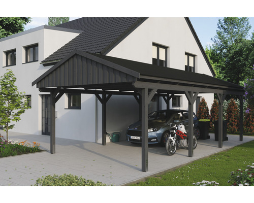 Carport simple SKAN Holz Fichtelberg avec bardeaux noir 423 x 808 cm ardoise