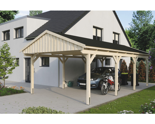 Einzelcarport SKAN Holz Fichtelberg inkl. Dachschindeln schwarz 423 x 808 cm natur