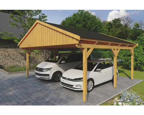 Carport double SKAN Holz Fichtelberg avec bardeaux noir 618 x 566 cm chêne clair Carport double SKAN Holz Fichtelberg avec bardeaux noir 618 x 566 cm chêne clair