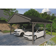 Doppelcarport aus Holz mit zwei parkenden Autos