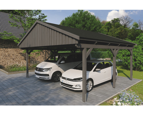 Carport double SKAN Holz Fichtelberg avec bardeaux noir 618 x 566 cm ardoise