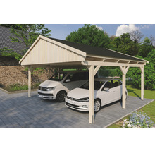 Doppelcarport aus Holz mit zwei darunter geparkten Autos