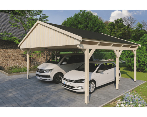 Carport double SKAN Holz Fichtelberg avec bardeaux noir 618 x 566 cm naturel