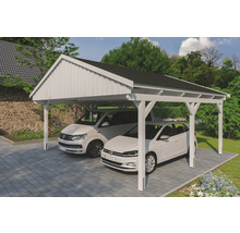 Doppelcarport aus Holz mit zwei geparkten Autos