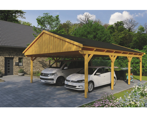 Carport double SKAN Holz Fichtelberg avec bardeaux noir 618 x 808 cm chêne clair