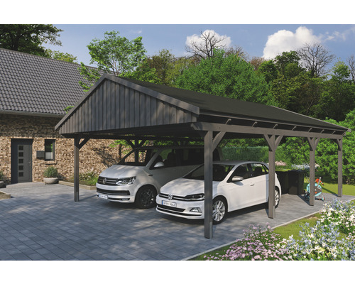 Carport double SKAN Holz Fichtelberg avec bardeaux noir 618 x 808 cm ardoise