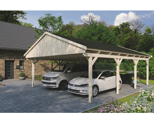 Carport double SKAN Holz Fichtelberg avec bardeaux noir 618 x 808 cm naturel