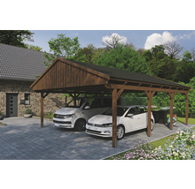 Carport en bois avec deux voitures garées.