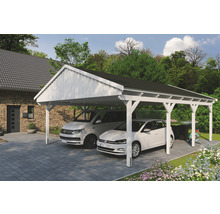 Doppelcarport aus Holz mit zwei parkenden Autos auf einem gepflasterten Hof.