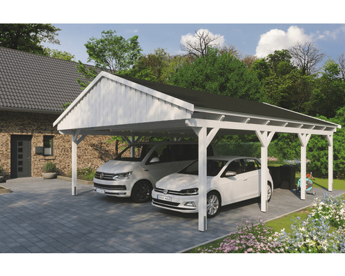 Carport double SKAN Holz Fichtelberg avec bardeaux noir 618 x 808 cm blanc