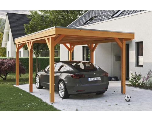 Carport simple SKAN Holz Grunewald avec film EPDM 321 x 554 cm chêne clair