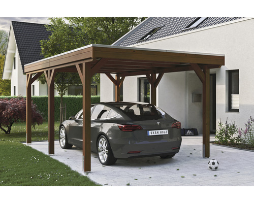 Carport simple SKAN Holz Grunewald avec film EPDM 321 x 554 cm noyer