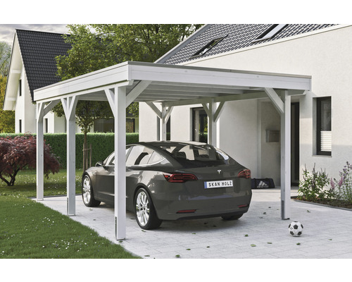 Carport simple SKAN Holz Grunewald 321 x 554 cm blanc Carport en bois avec voiture devant une maison d''habitation