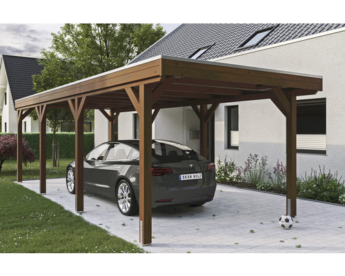 Carport simple SKAN Holz Grunewald avec film EPDM 321 x 796 cm noyer